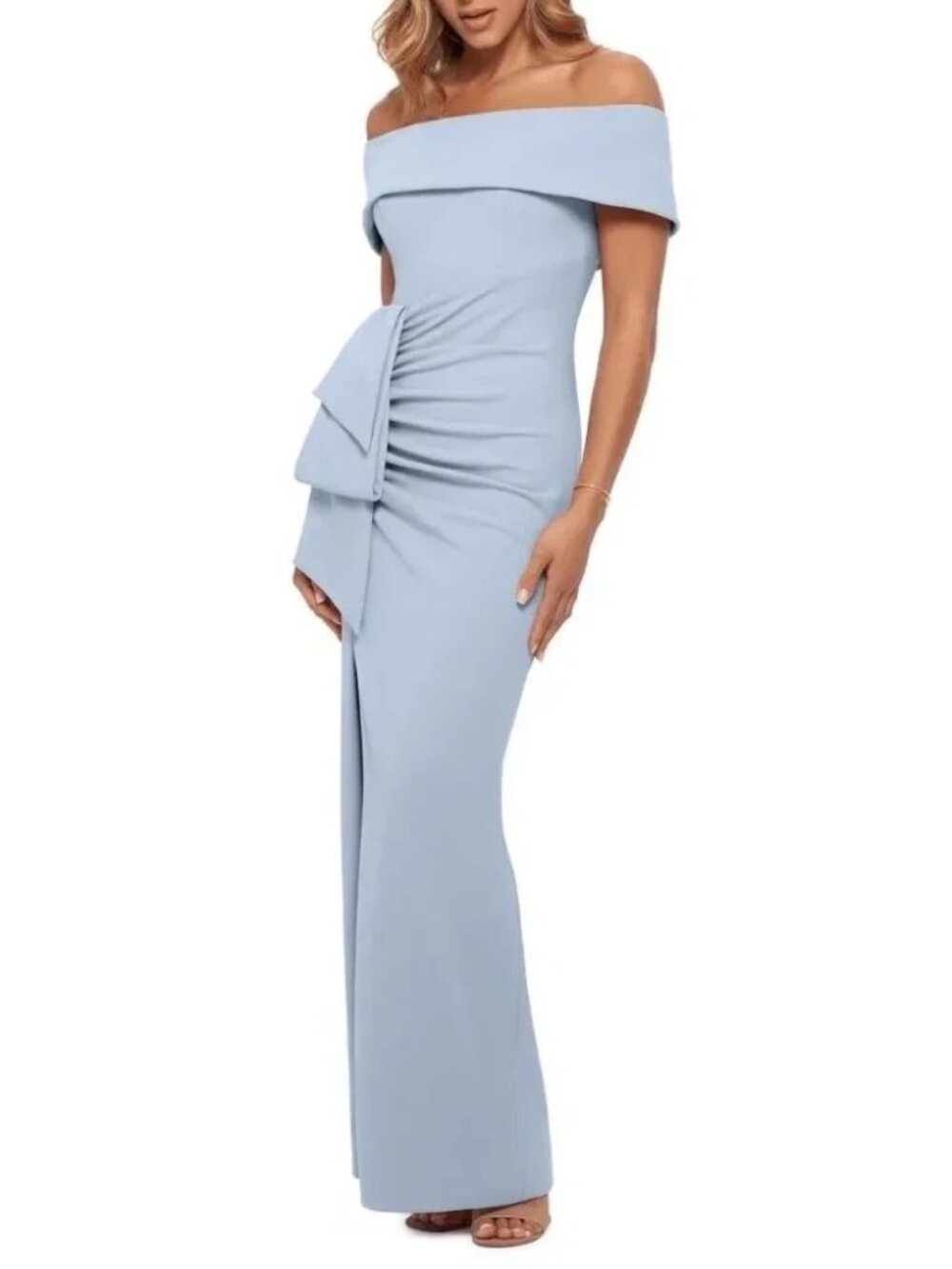 Xscape Sky Blue Off-the-Shoulder Ruffle Gown